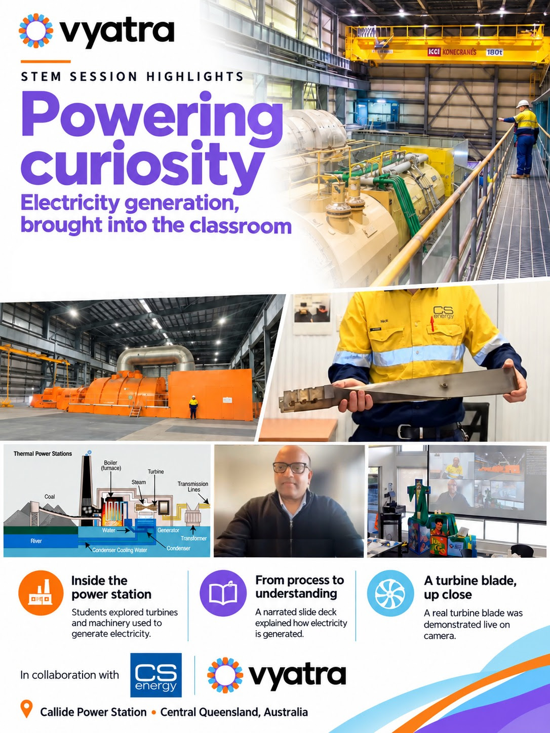 STEM session highlights from CS Energy’s Callide Power Station: inside the power station, a narrated slide deck explaining how electricity is generated, and a real turbine blade shown live on camera